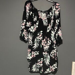 VENUS Black Floral Top with Pink and Green Accents